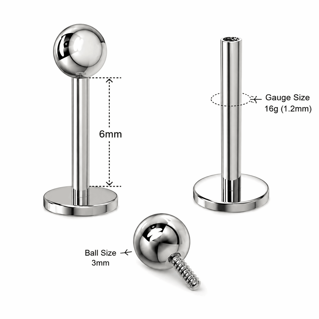 G23 Titanium Internally Threaded Plain Ball Labret Stud – 16G (1.2mm)