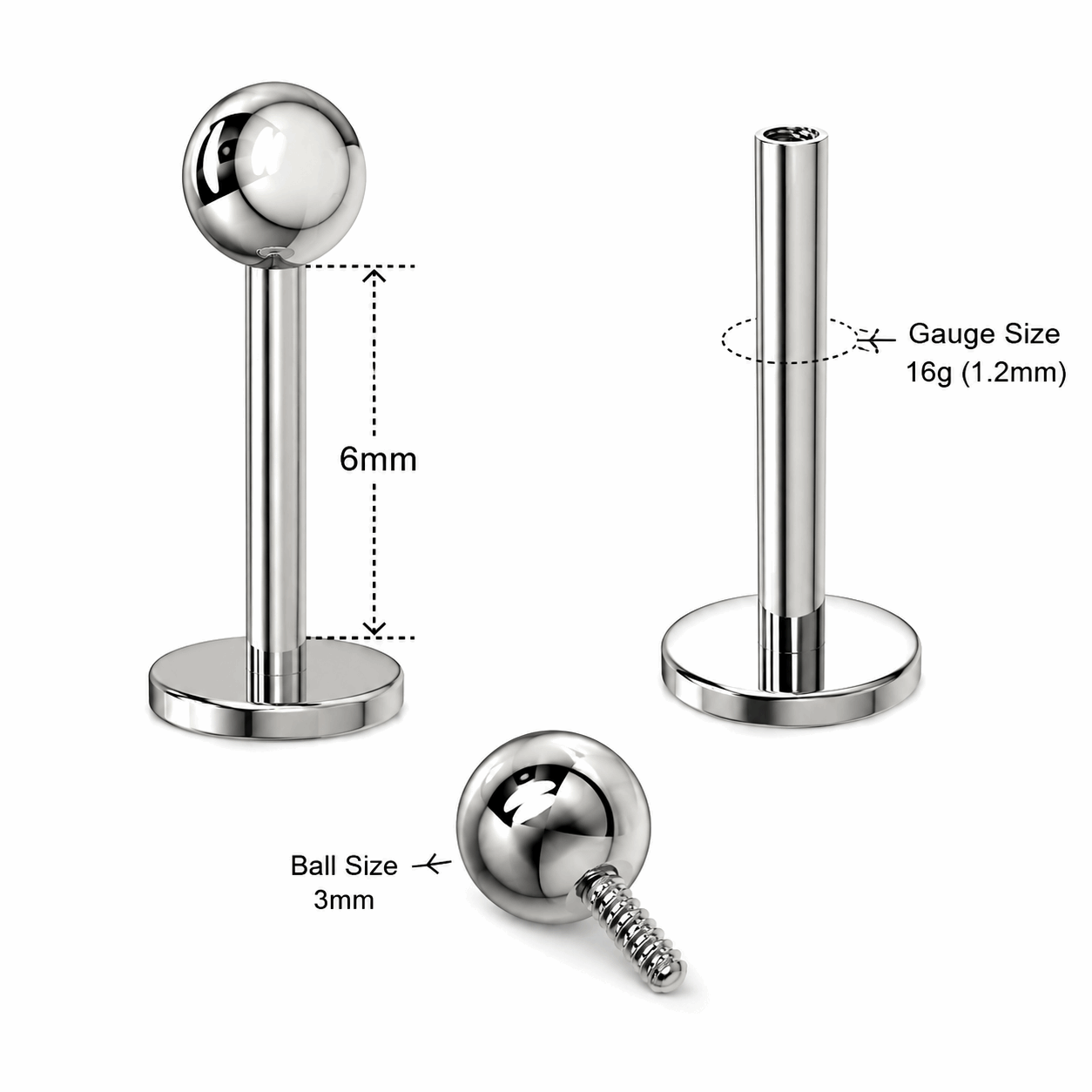 G23 Titanium Internally Threaded Plain Ball Labret Stud – 16G (1.2mm)