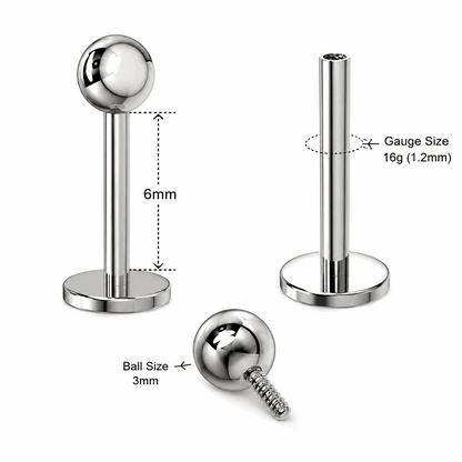 G23 Titanium Internally Threaded Plain Ball Labret Stud – 16G (1.2mm)