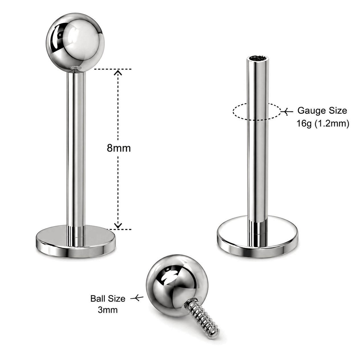 G23 Titanium Internally Threaded Plain Ball Labret Stud – 16G (1.2mm)