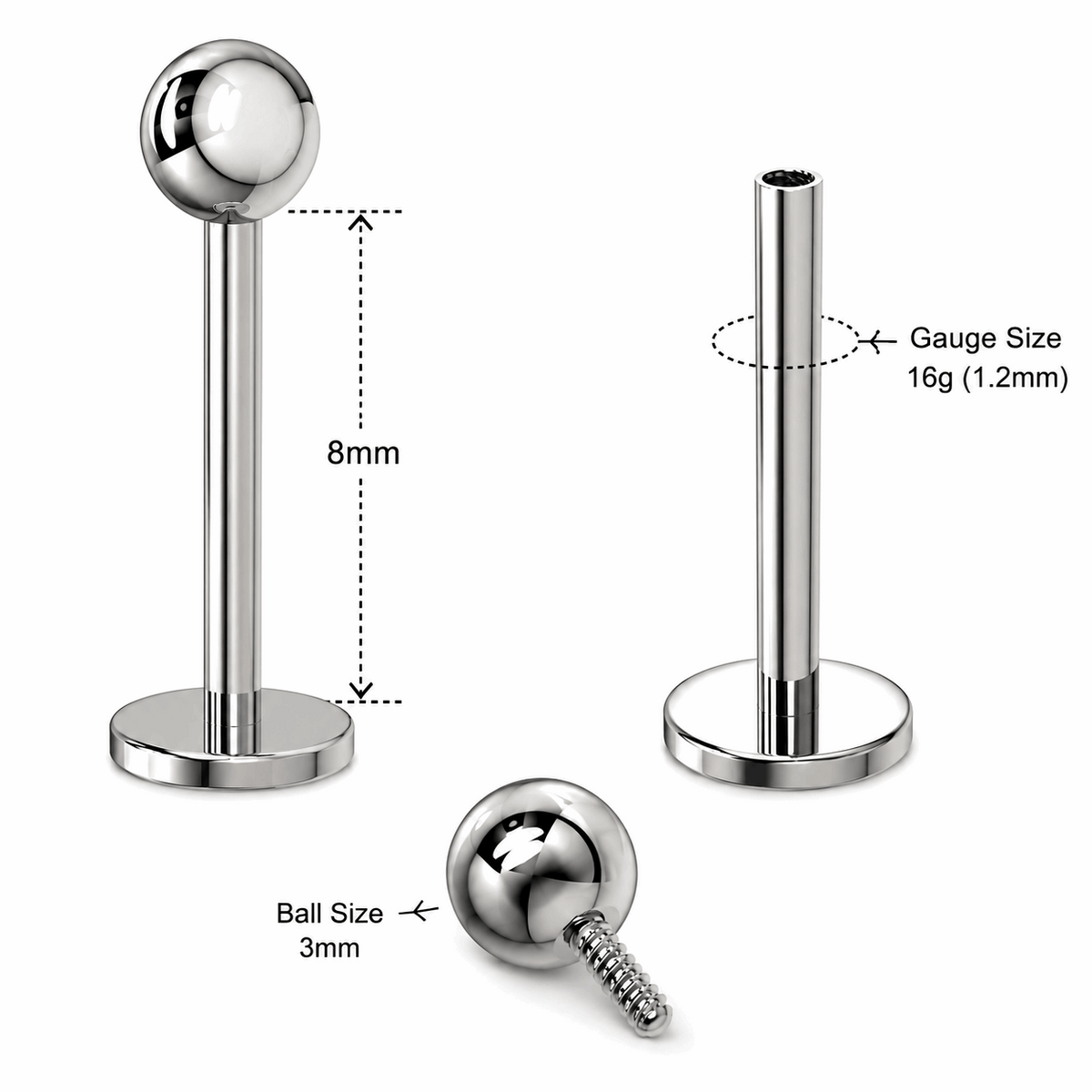 G23 Titanium Internally Threaded Plain Ball Labret Stud – 16G (1.2mm)