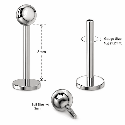 G23 Titanium Internally Threaded Plain Ball Labret Stud – 16G (1.2mm)