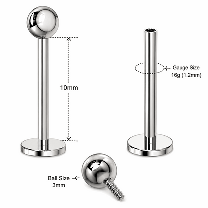 G23 Titanium Internally Threaded Plain Ball Labret Stud – 16G (1.2mm)