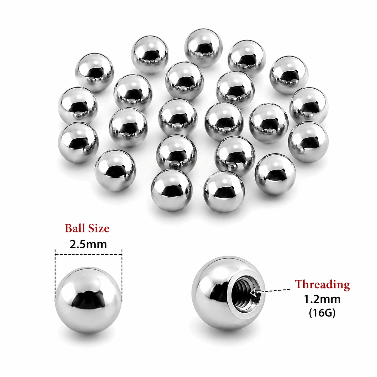 316L Surgical Steel Threaded Ball Accessories – 16G (1.2mm)