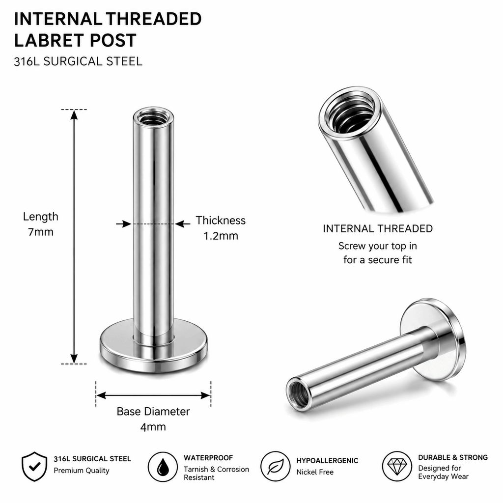 316L Surgical Steel Internally Threaded Flat Back Labret Bar – 16G (1.2mm)