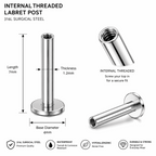 316L Surgical Steel Internally Threaded Flat Back Labret Bar – 16G (1.2mm)