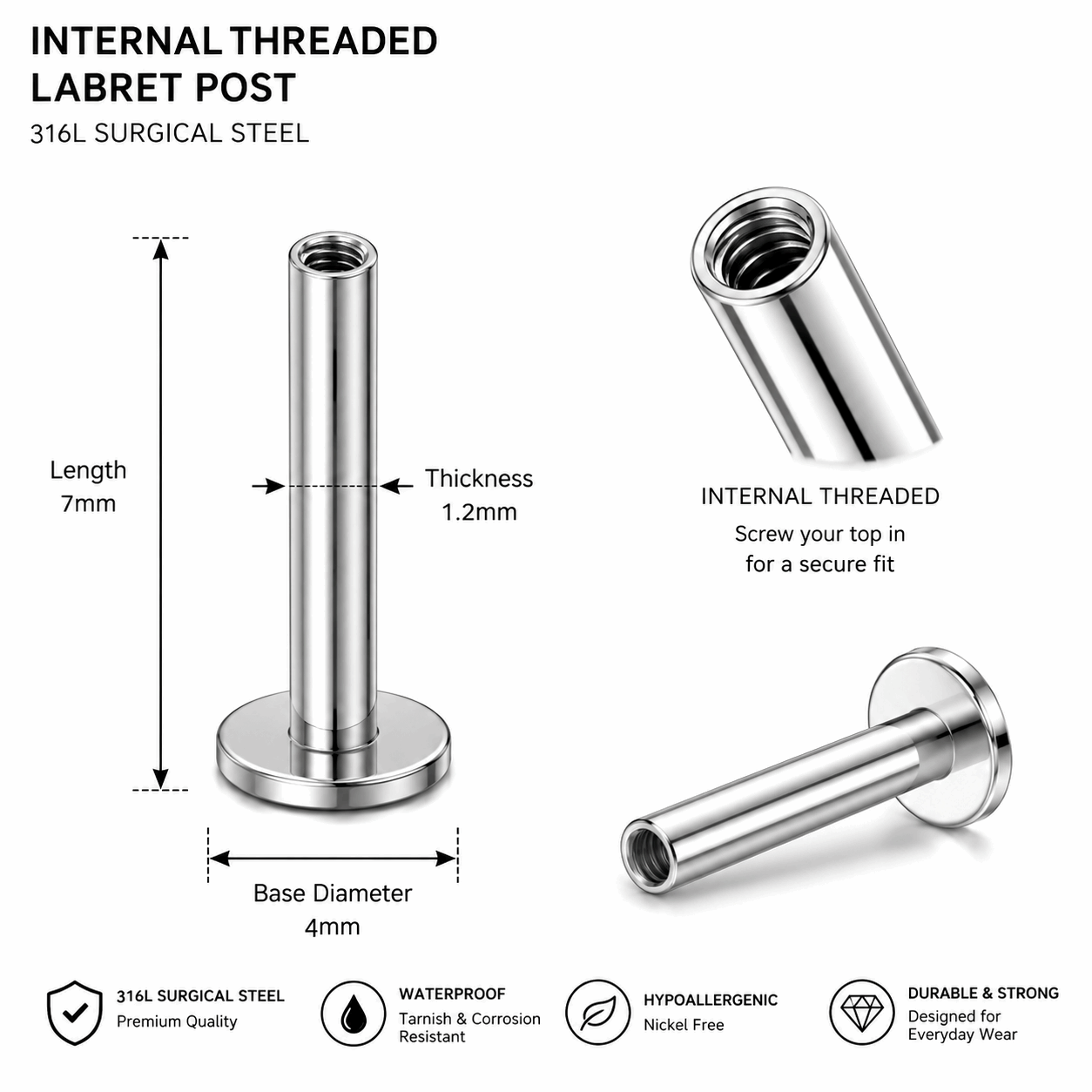 316L Surgical Steel Internally Threaded Flat Back Labret Bar – 16G (1.2mm)