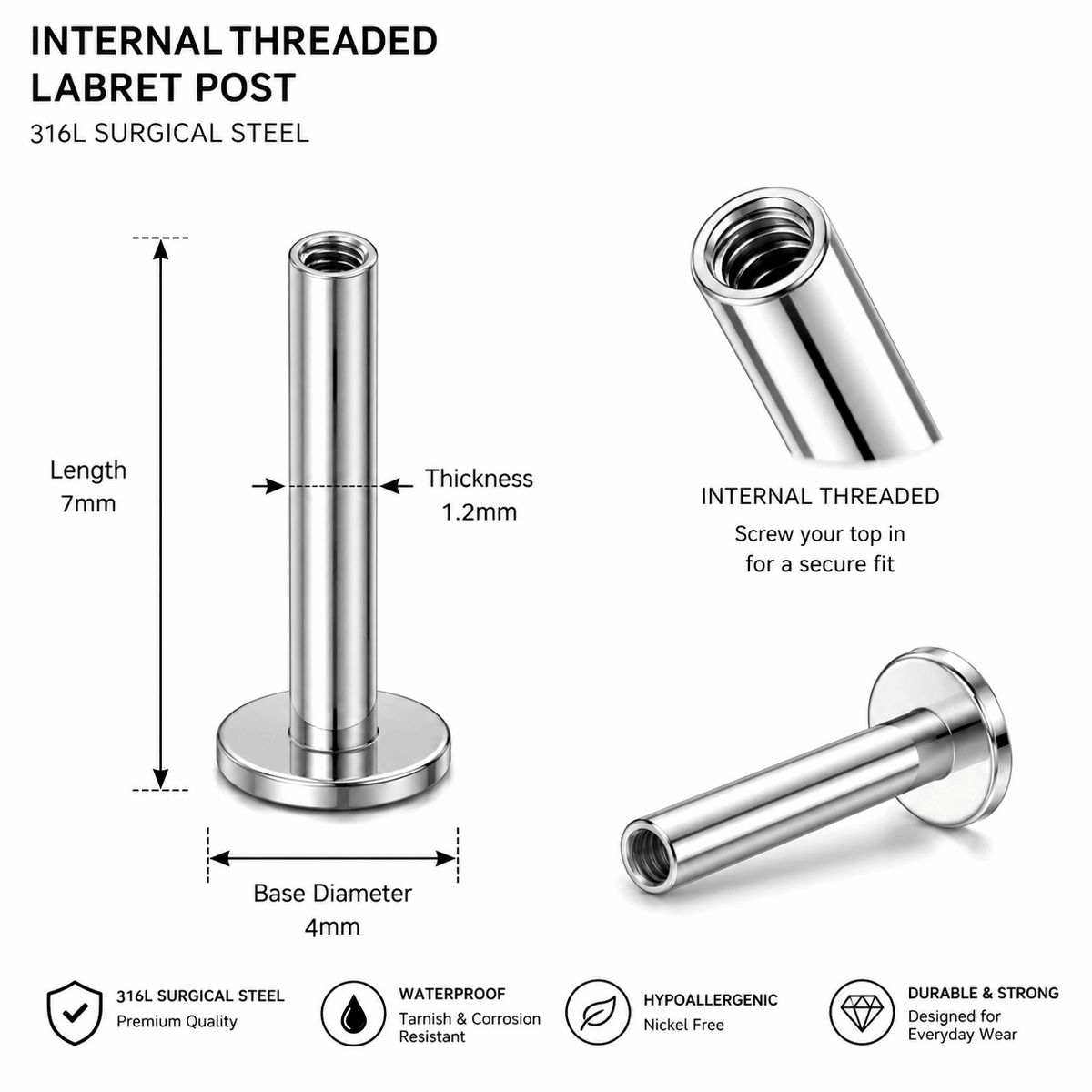 316L Surgical Steel Internally Threaded Flat Back Labret Bar – 16G (1.2mm)