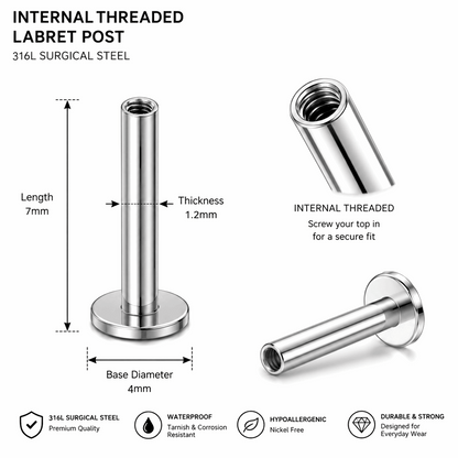 316L Surgical Steel Internally Threaded Flat Back Labret Bar – 16G (1.2mm)