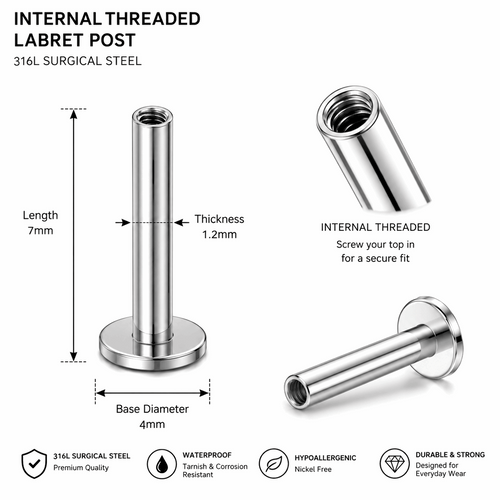 316L Surgical Steel Internally Threaded Flat Back Labret Bar – 16G (1.2mm)