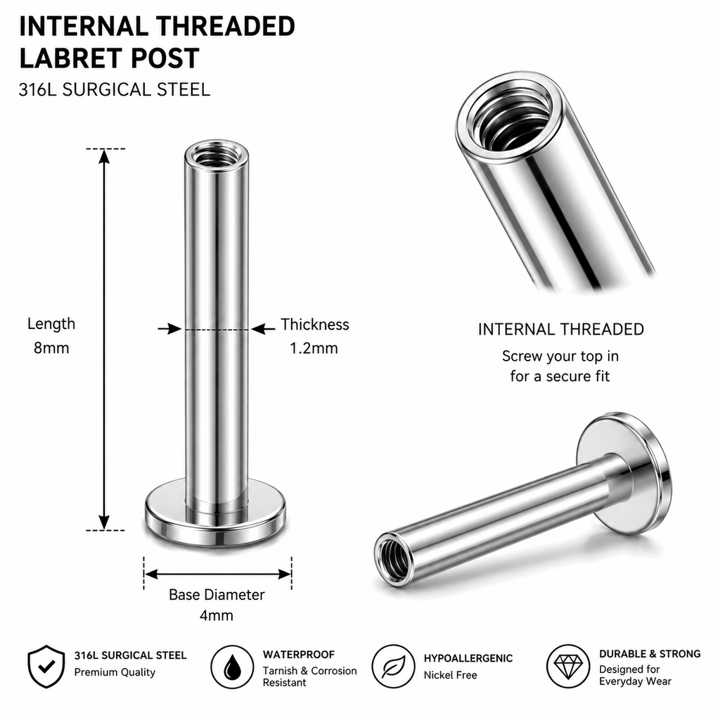 316L Surgical Steel Internally Threaded Flat Back Labret Bar – 16G (1.2mm)