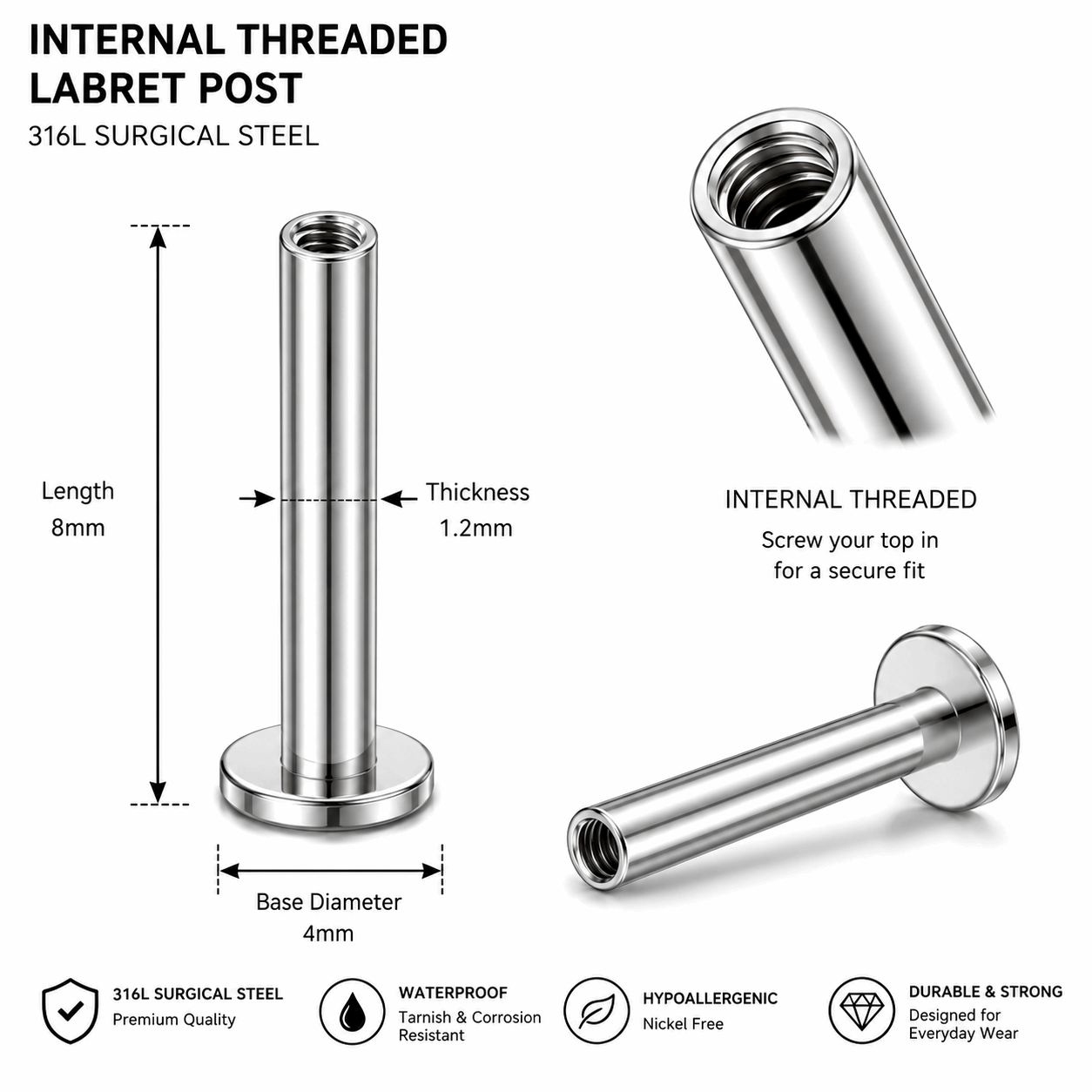 316L Surgical Steel Internally Threaded Flat Back Labret Bar – 16G (1.2mm)