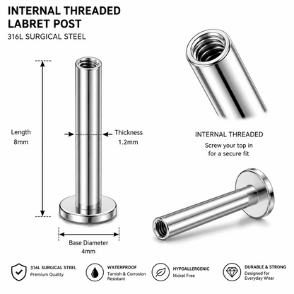 316L Surgical Steel Internally Threaded Flat Back Labret Bar – 16G (1.2mm)
