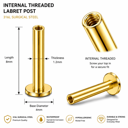 316L Surgical Steel Internally Threaded Flat Back Labret Bar – 16G (1.2mm)