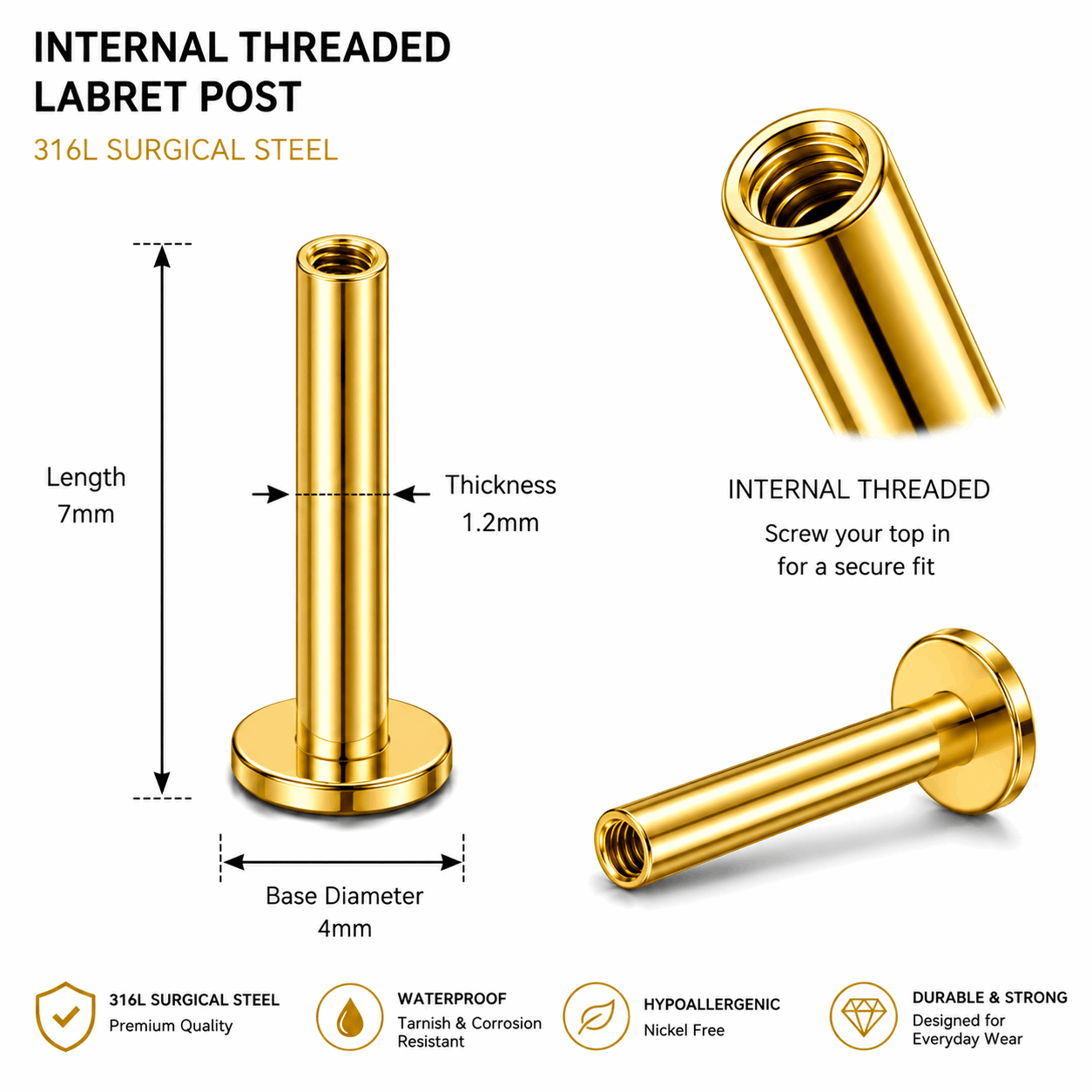 316L Surgical Steel Internally Threaded Flat Back Labret Bar – 16G (1.2mm)