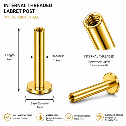 316L Surgical Steel Internally Threaded Flat Back Labret Bar – 16G (1.2mm)