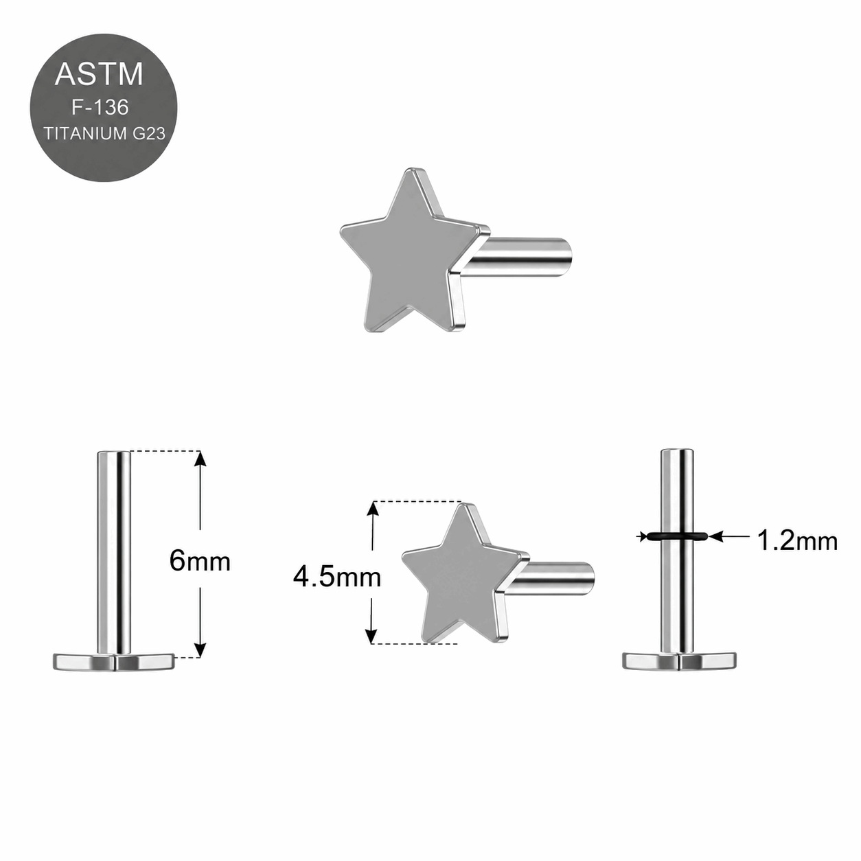 G23 Titanium Threadless Star Push Fit Labret Bar – 16G (1.2mm) 6mm