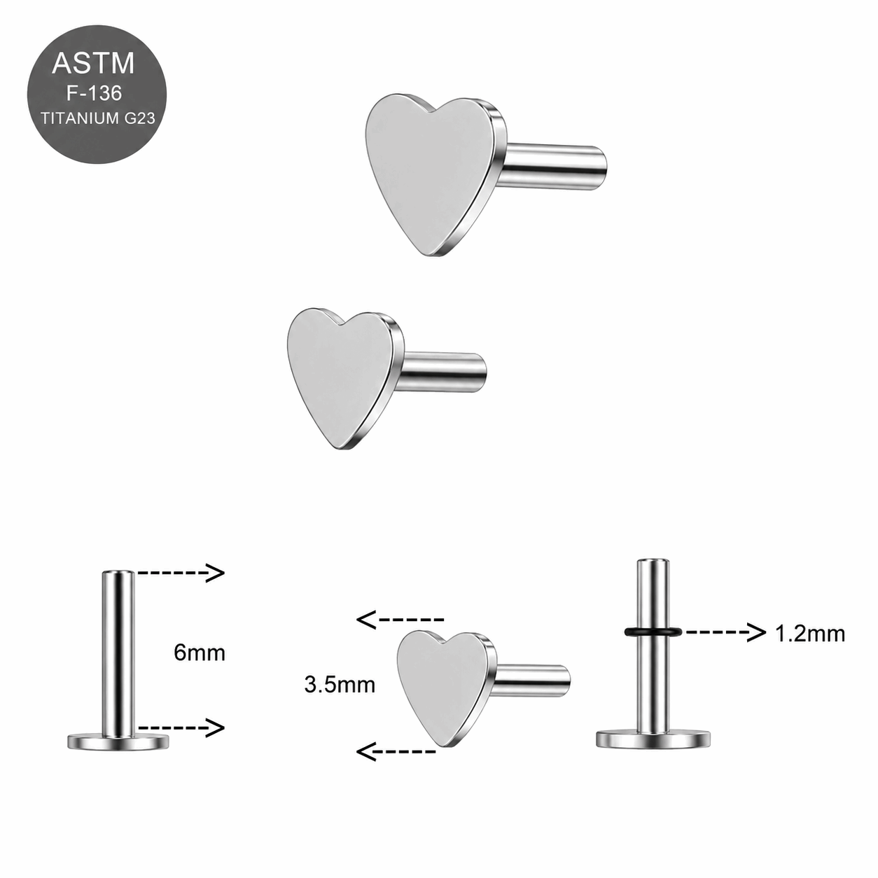 G23 Titanium Threadless Heart Push Fit Labret Bar – 16G (1.2mm) 6mm