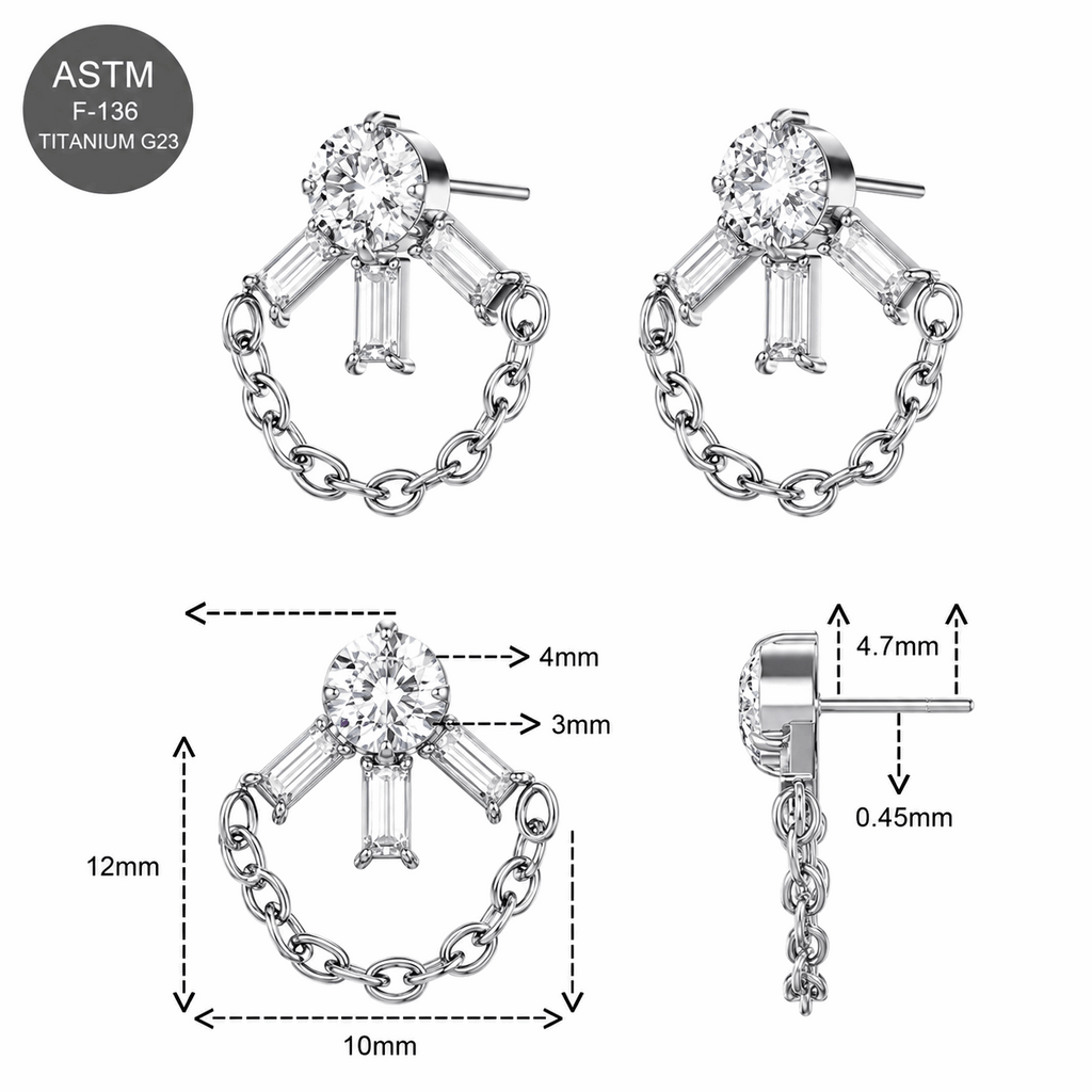 G23 Titanium CZ Linked Chain Threadless Pin Top – 18G & 16G Compatible