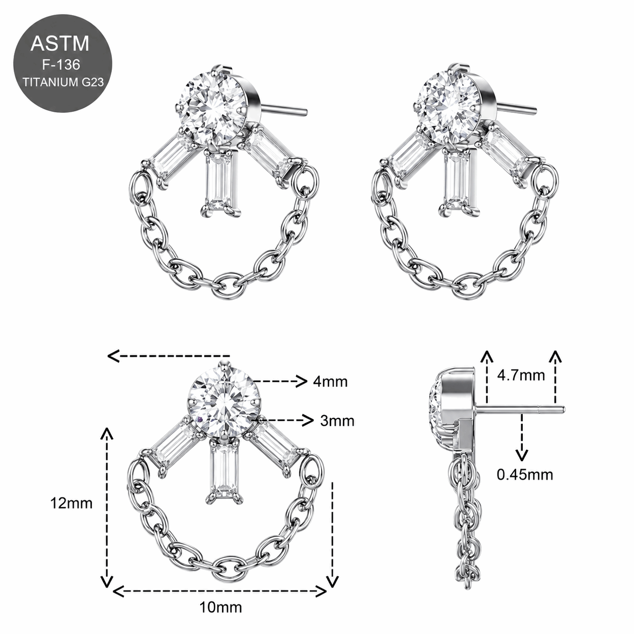 G23 Titanium CZ Linked Chain Threadless Pin Top – 18G & 16G Compatible