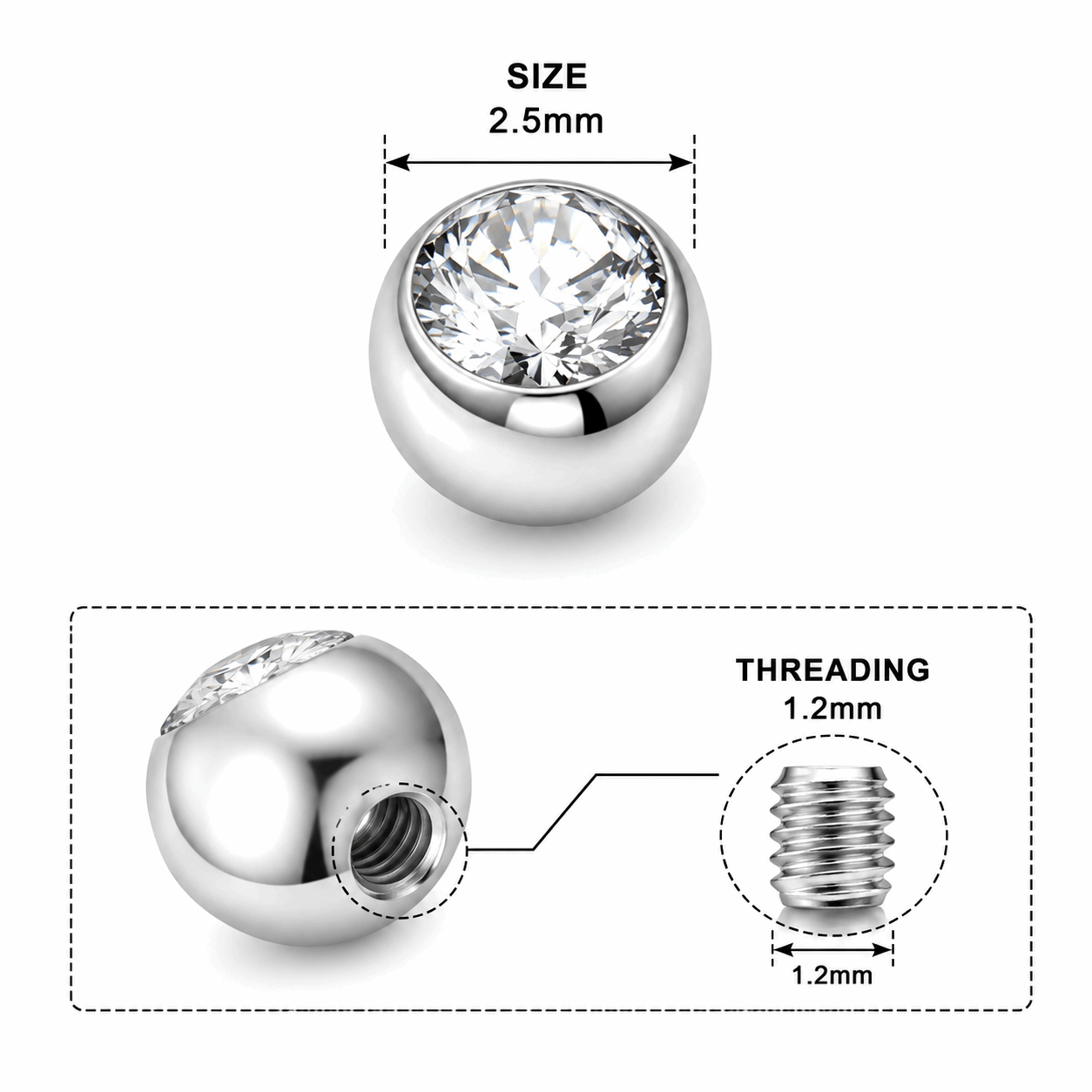 316L Surgical Steel Flat Jeweled Ball Accessories – 16G (1.2mm)
