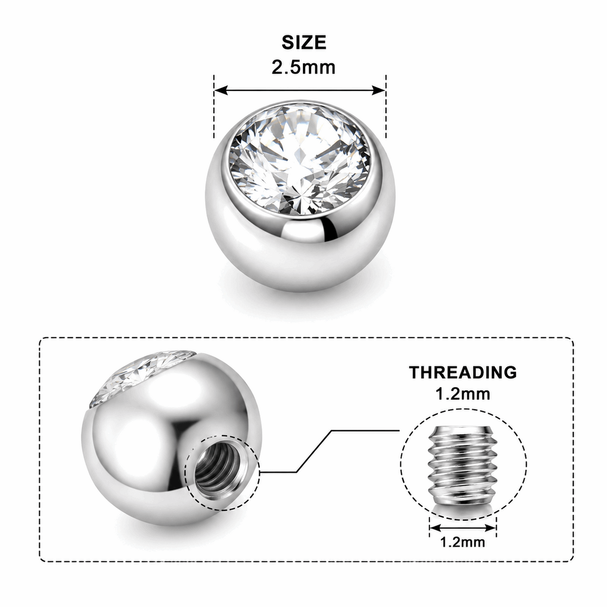 316L Surgical Steel Flat Jeweled Ball Accessories – 16G (1.2mm)