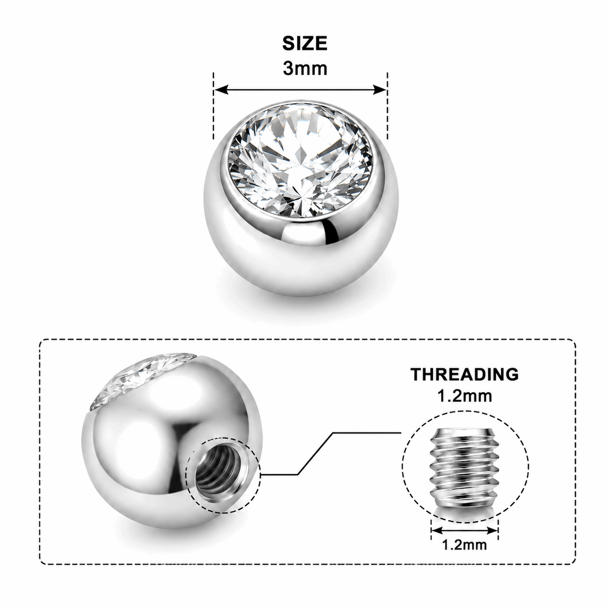 316L Surgical Steel Flat Jeweled Ball Accessories – 16G (1.2mm)