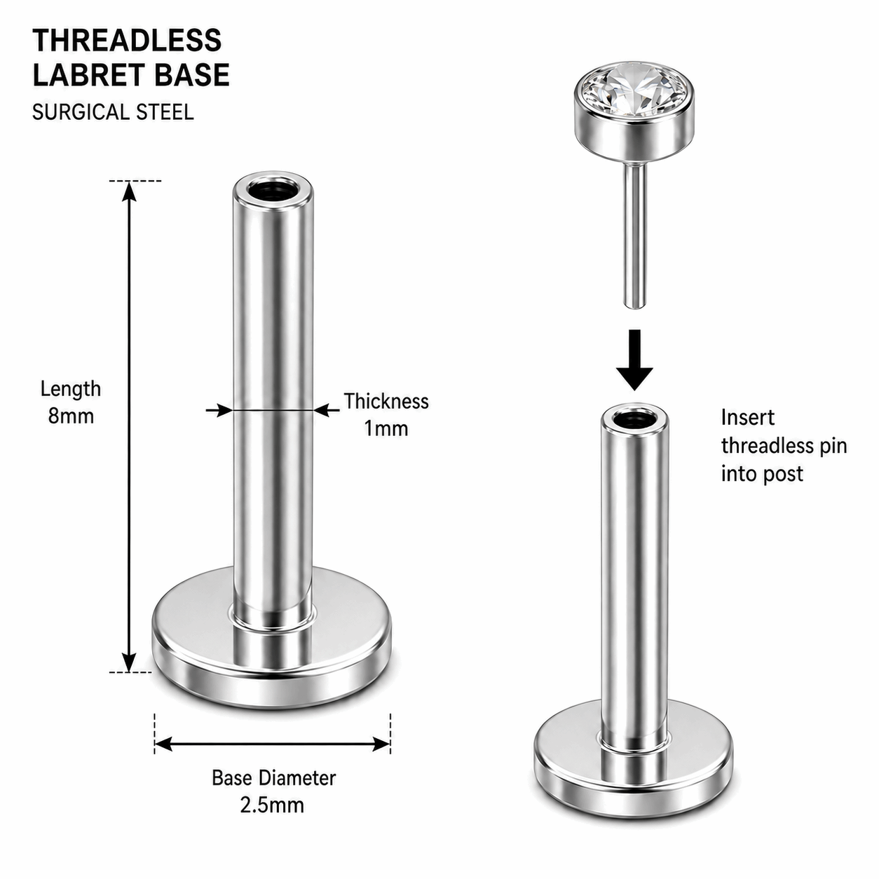 G23 Titanium Threadless Push Fit Labret Bar – 18G (1.0mm) & 16G (1.2mm)