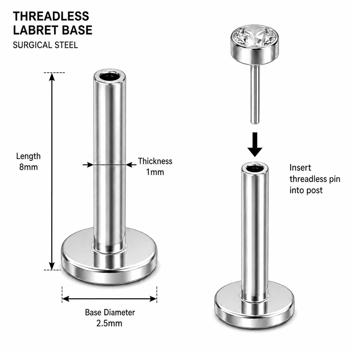 G23 Titanium Threadless Push Fit Labret Bar – 18G (1.0mm) & 16G (1.2mm)