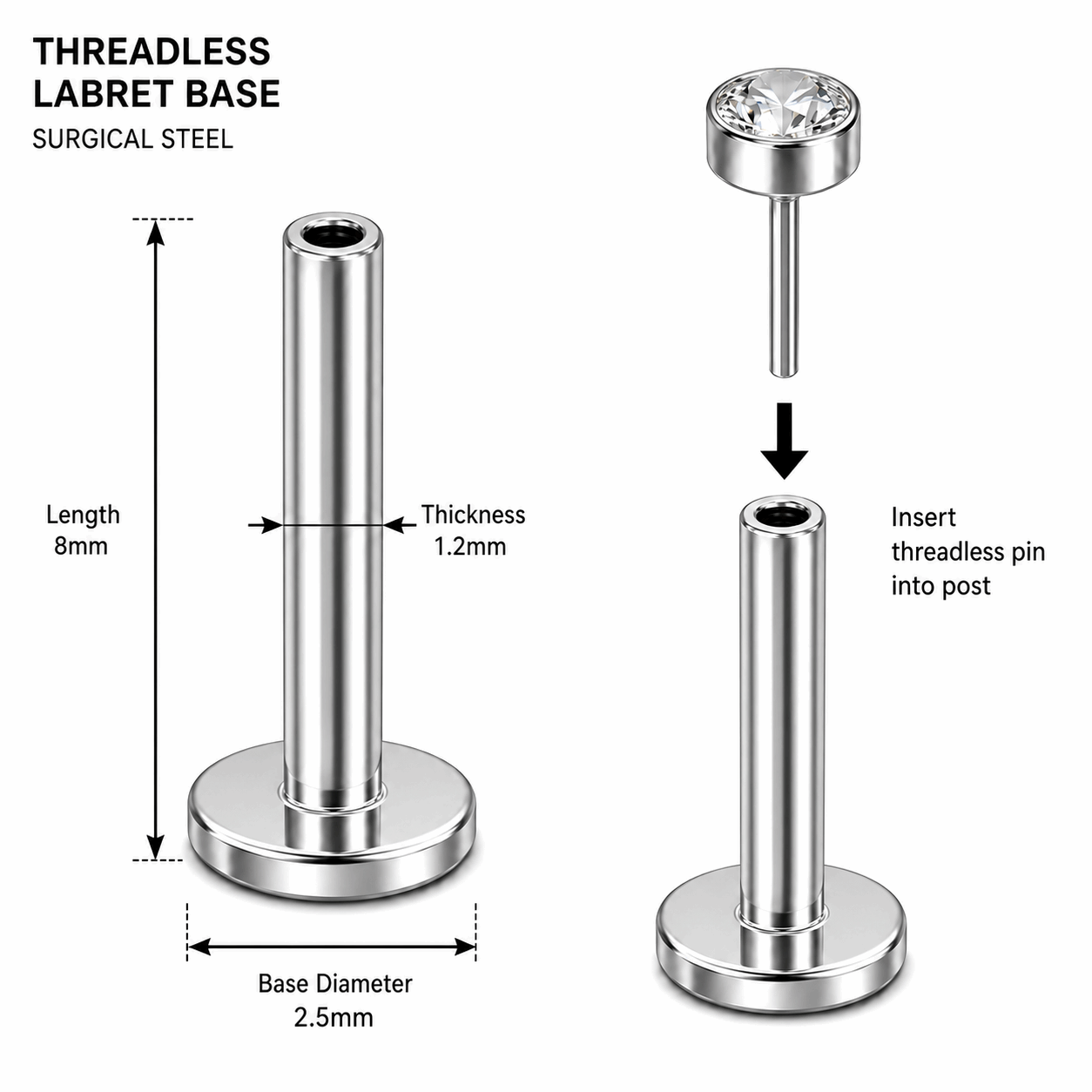 G23 Titanium Threadless Push Fit Labret Bar – 18G (1.0mm) & 16G (1.2mm)