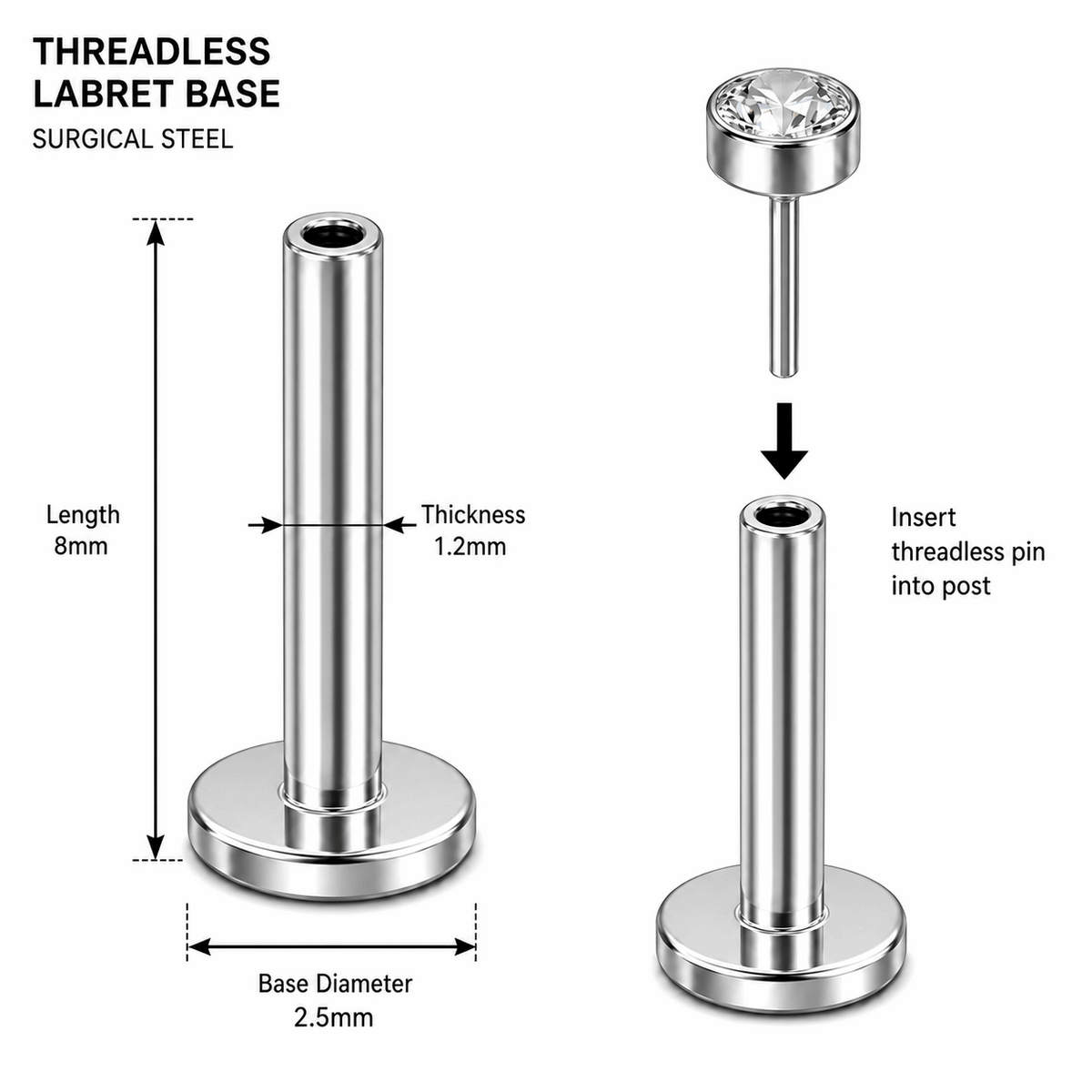G23 Titanium Threadless Push Fit Labret Bar – 18G (1.0mm) & 16G (1.2mm)