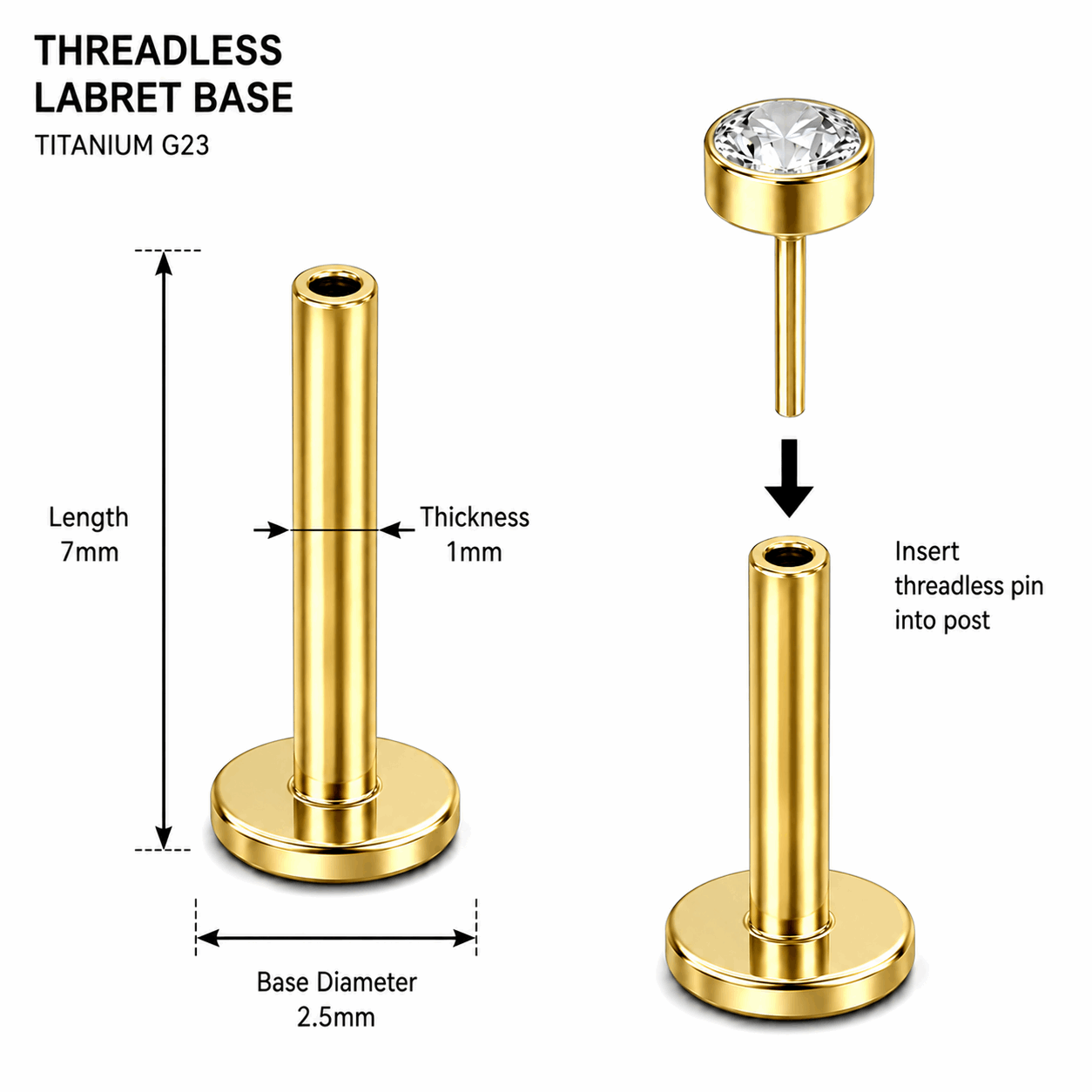 G23 Titanium Threadless Push Fit Labret Bar – 18G (1.0mm) & 16G (1.2mm)