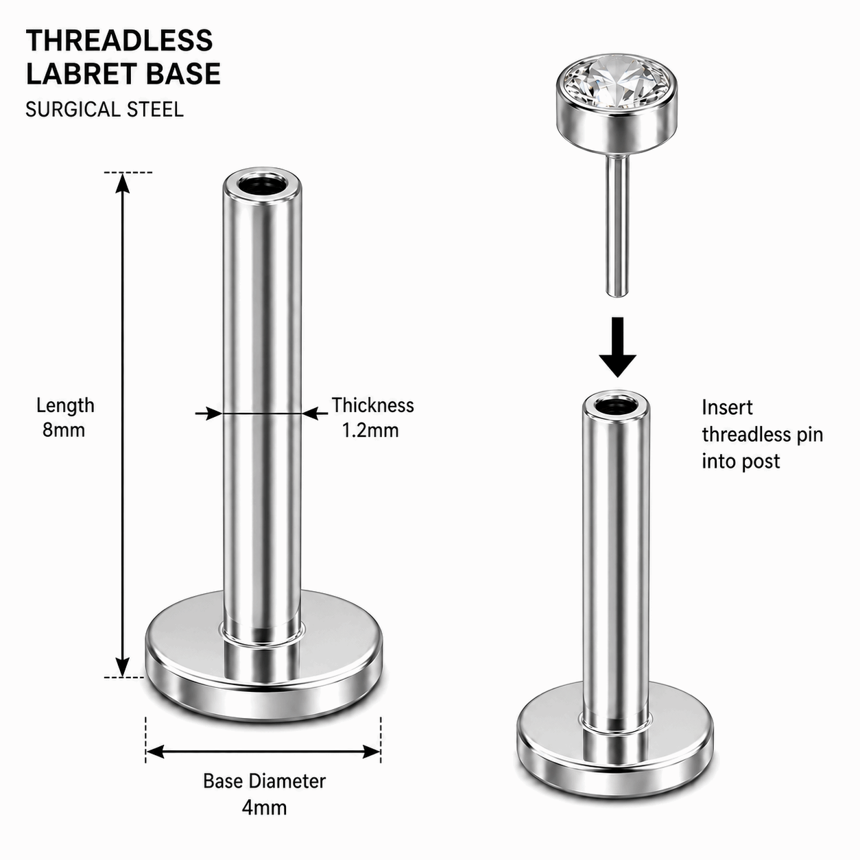 G23 Titanium Threadless Push Fit Labret Bar – 18G (1.0mm) & 16G (1.2mm)
