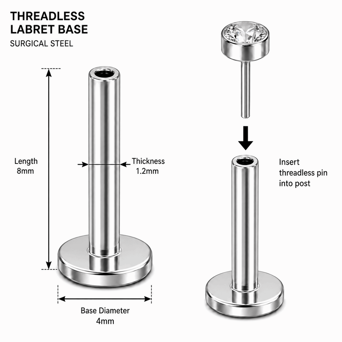G23 Titanium Threadless Push Fit Labret Bar – 18G (1.0mm) & 16G (1.2mm)
