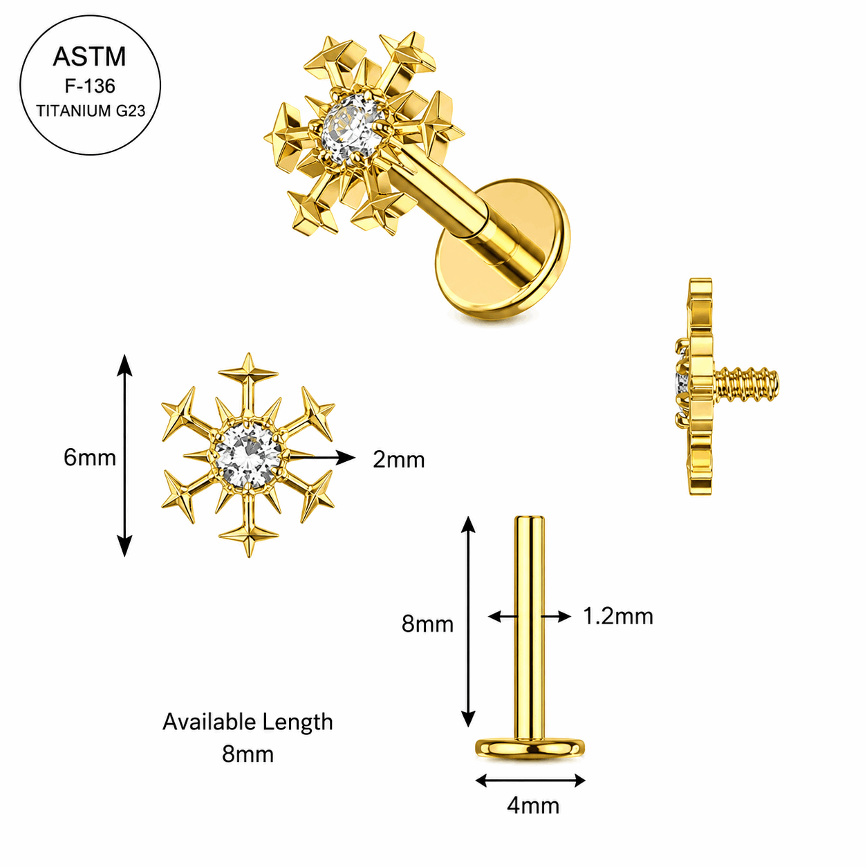 G23 Titanium Gold PVD Snowflake CZ Internally Threaded Labret – 16G (1.2mm) 8mm