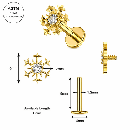 G23 Titanium Gold PVD Snowflake CZ Internally Threaded Labret – 16G (1.2mm) 8mm