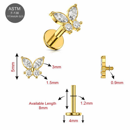 G23 Titanium Gold PVD Butterfly CZ Internally Threaded Labret – 16G (1.2mm)