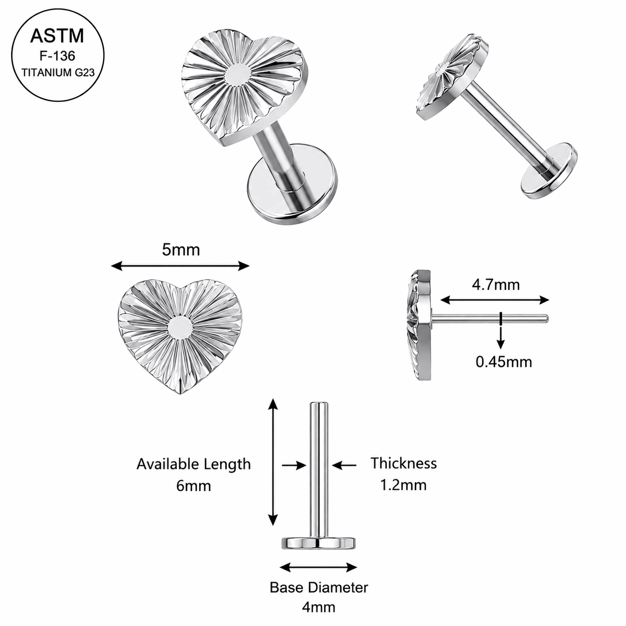 G23 Titanium Stripe Heart Threadless Labret Stud – 16G (1.2mm)