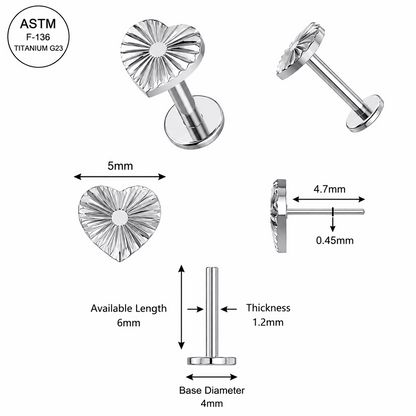 G23 Titanium Stripe Heart Threadless Labret Stud – 16G (1.2mm)