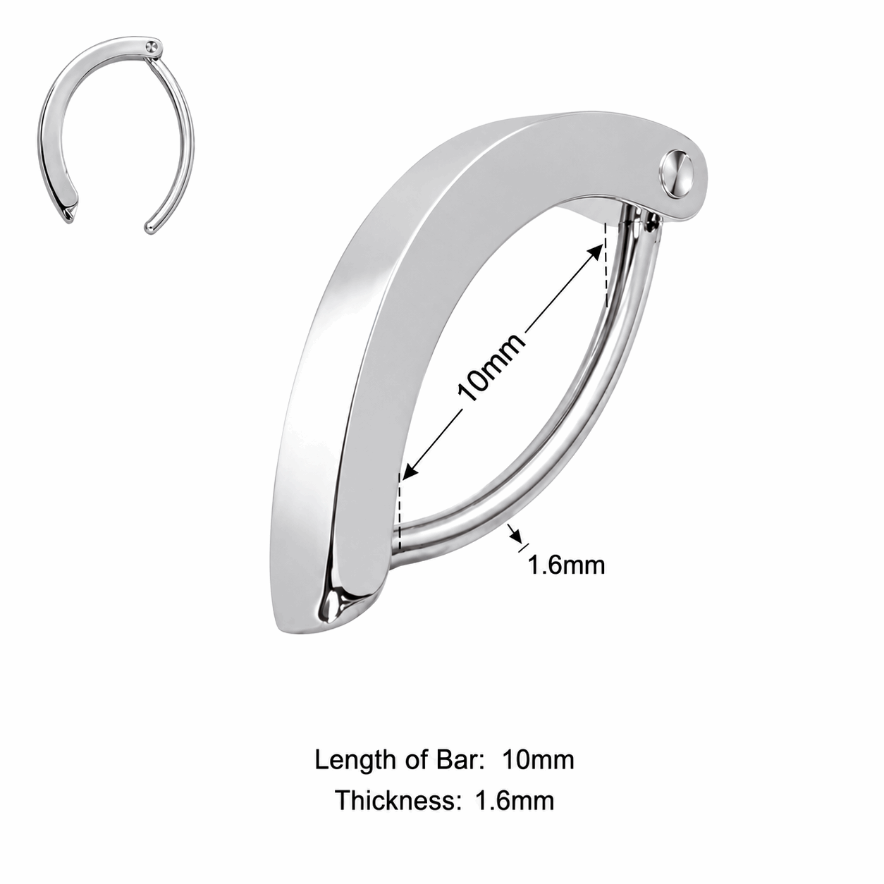 316L Surgical Steel Reverse Curved Clicker Belly Button Ring – 14G (1.6mm) 10mm