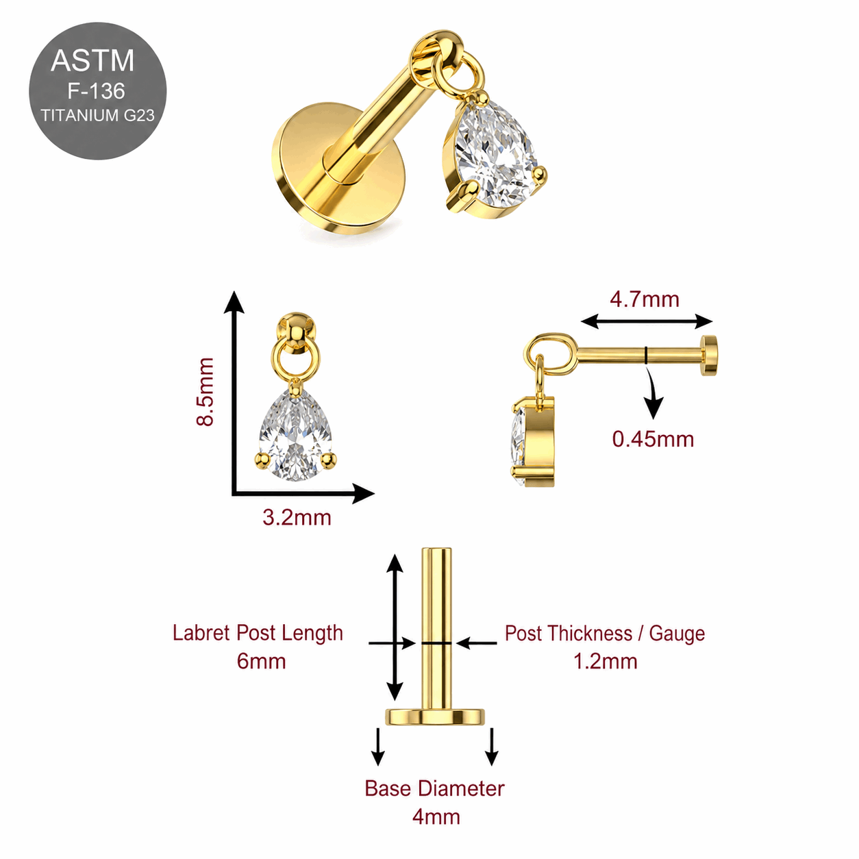 G23 Titanium Gold PVD Dangling Pear Drop Threadless Labret Stud – 16G (1.2mm)
