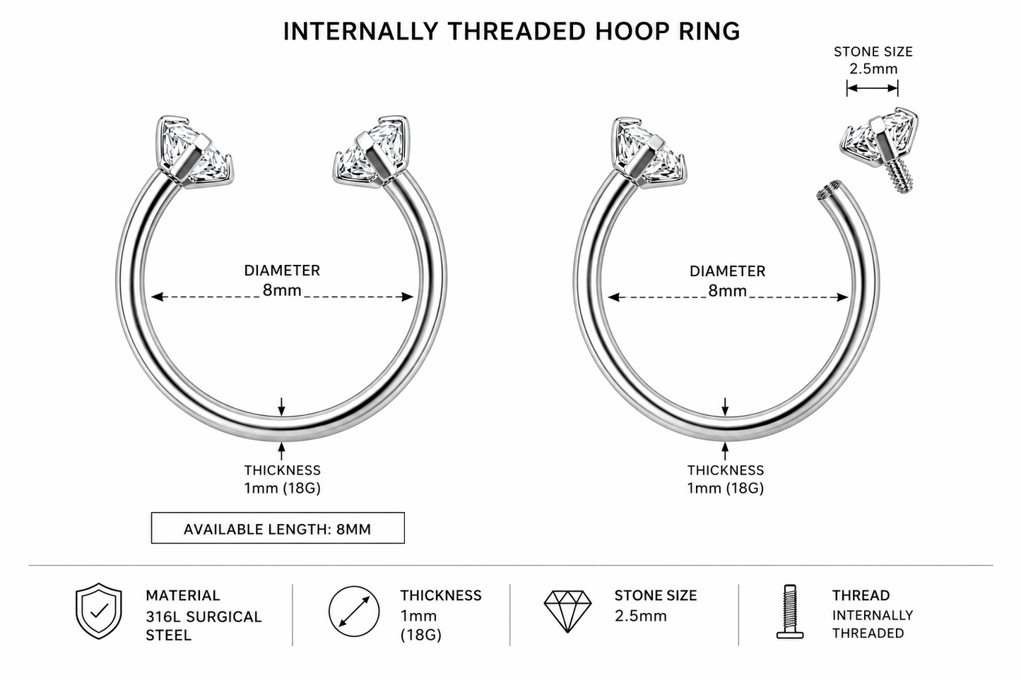 316L Surgical Steel CZ End Circular Barbell Ring – 18G (1.0mm) 8mm
