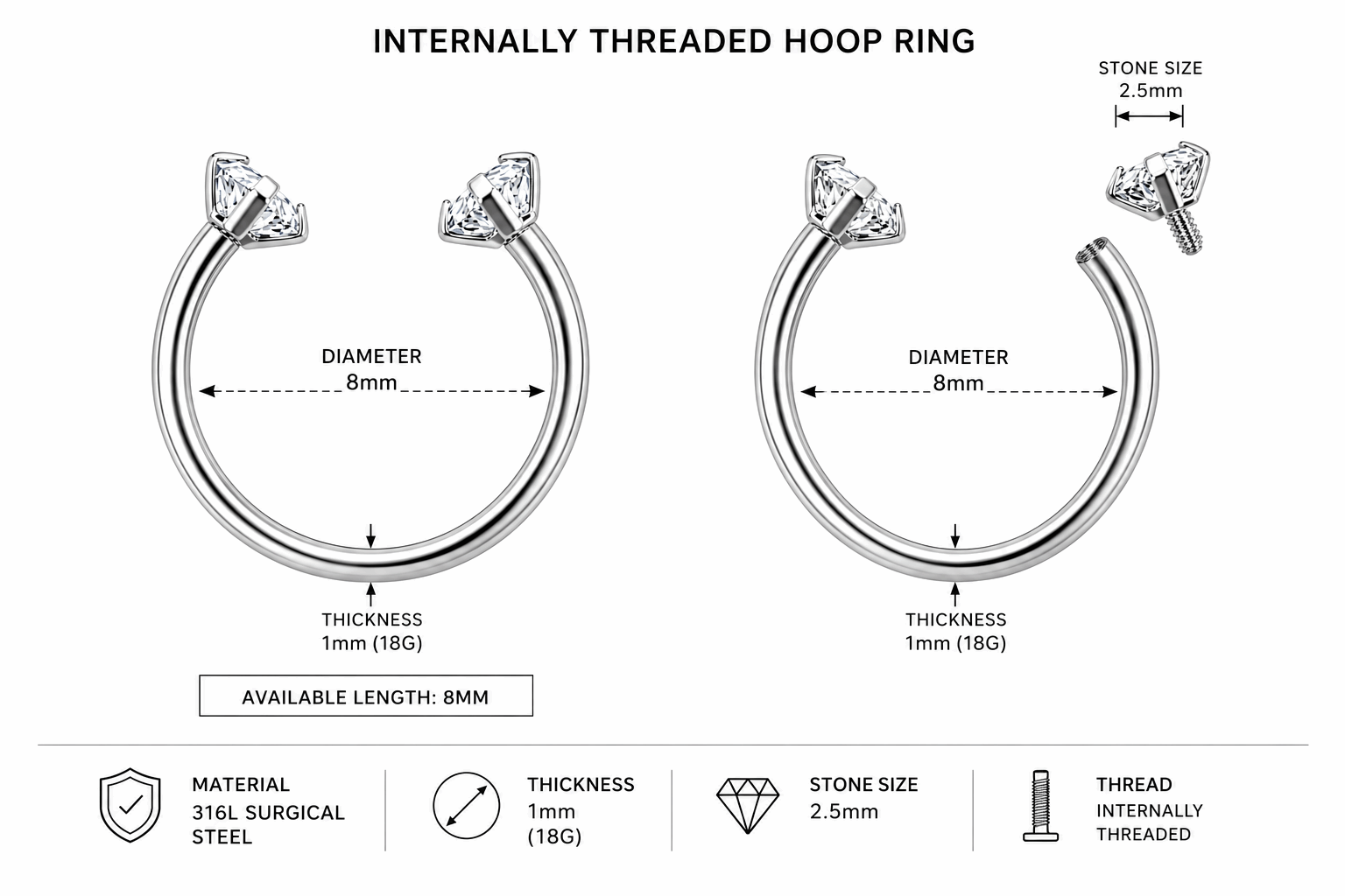 316L Surgical Steel CZ End Circular Barbell Ring – 18G (1.0mm) 8mm