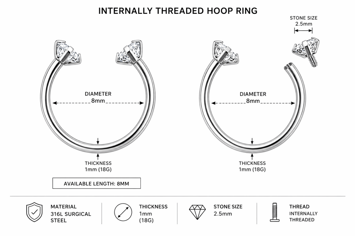 316L Surgical Steel CZ End Circular Barbell Ring – 18G (1.0mm) 8mm