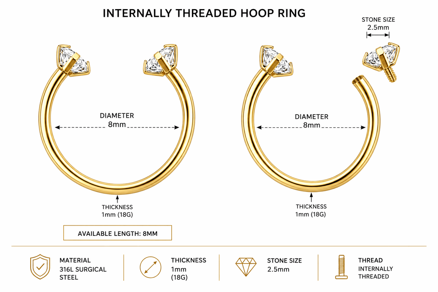 316L Surgical Steel CZ End Circular Barbell Ring – 18G (1.0mm) 8mm