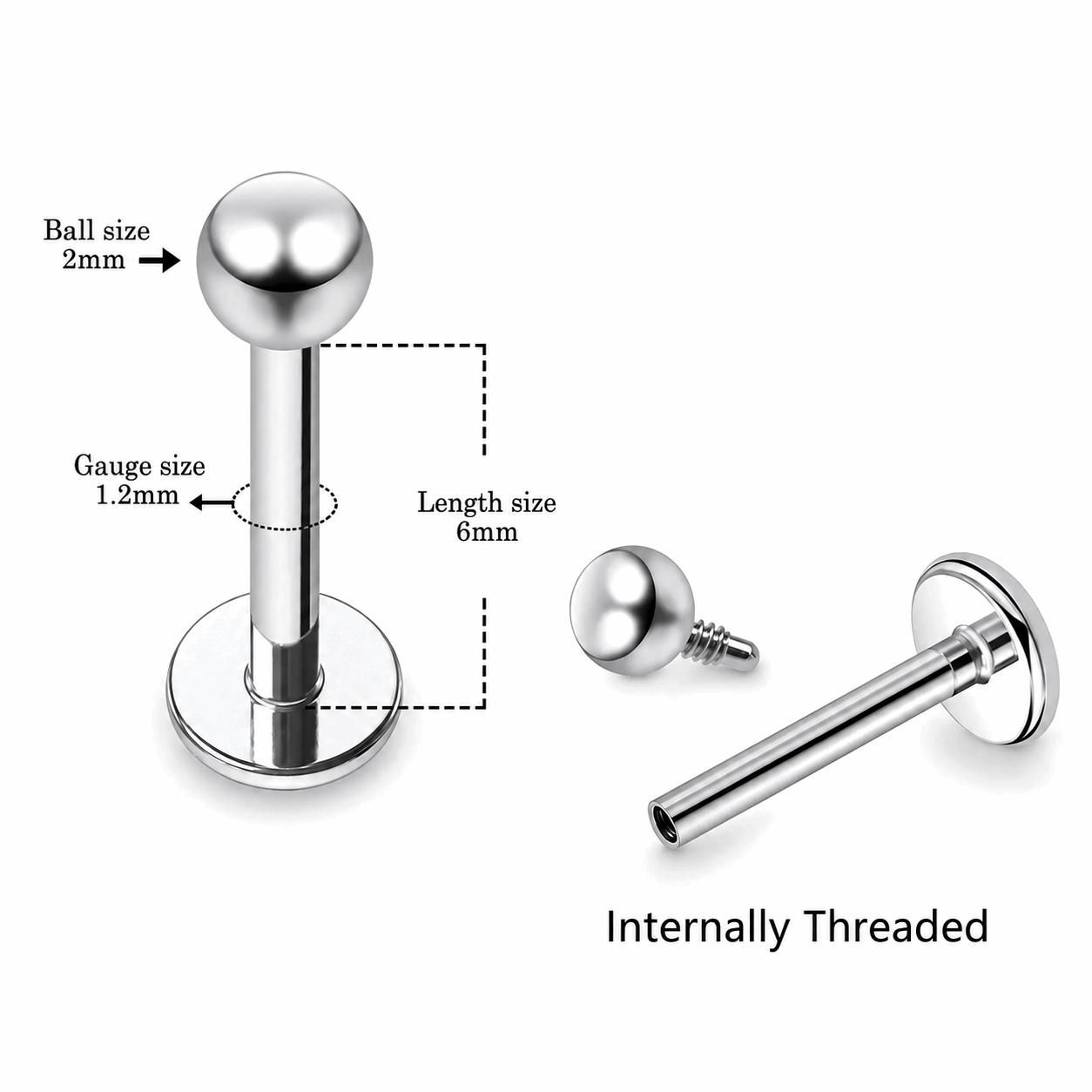 316L Surgical Steel Plain Ball Internally Threaded Flat Back Labret – 16G (1.2mm)