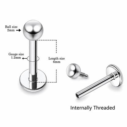 316L Surgical Steel Plain Ball Internally Threaded Flat Back Labret – 16G (1.2mm)