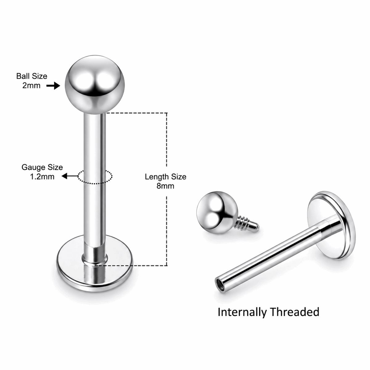 316L Surgical Steel Plain Ball Internally Threaded Flat Back Labret – 16G (1.2mm)