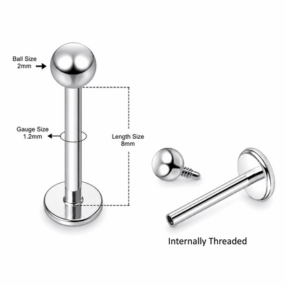 316L Surgical Steel Plain Ball Internally Threaded Flat Back Labret – 16G (1.2mm)