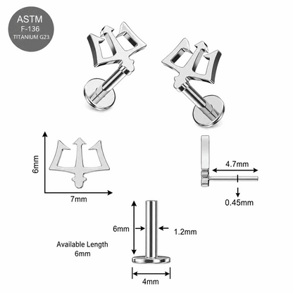 G23 Titanium Trident Symbol Threadless Labret Stud – 16G (1.2mm)